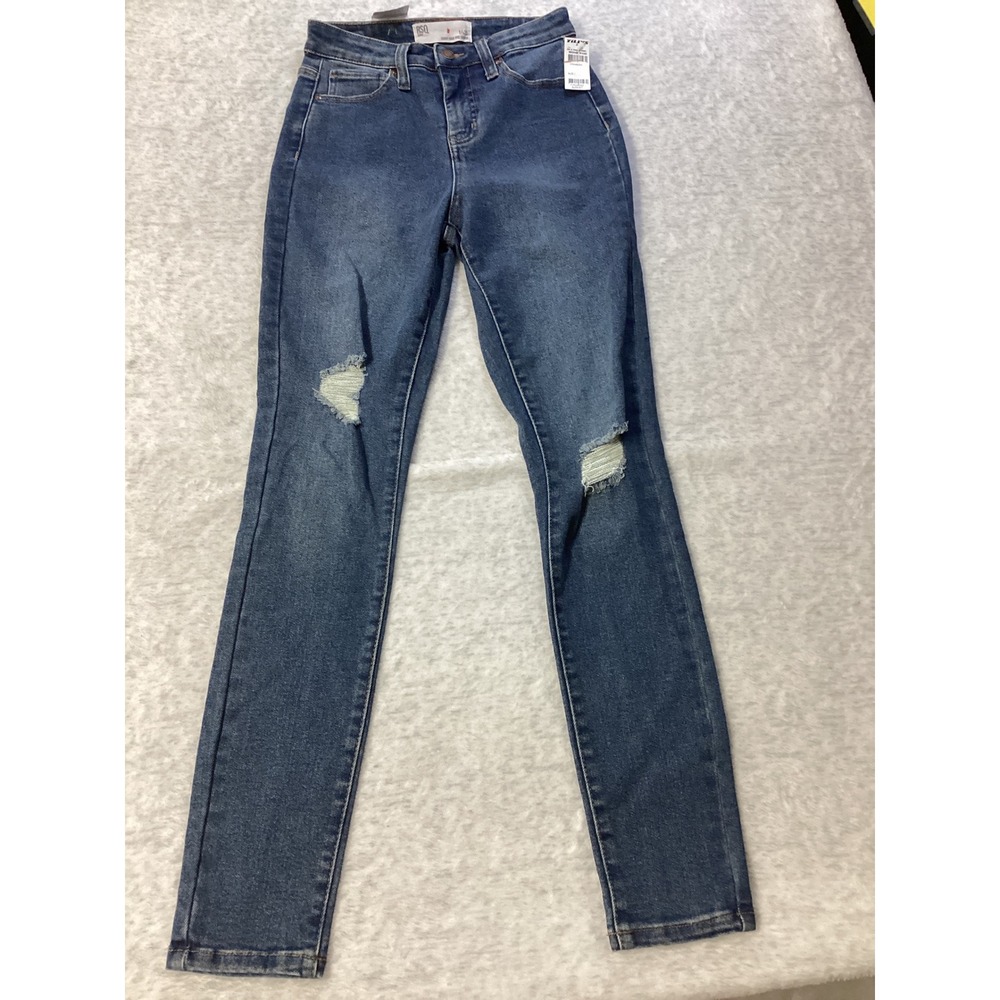 RSQ Jeans Womens 1/25 Curvy High Rise Skinny Distressed Medium Wash Denim Blue